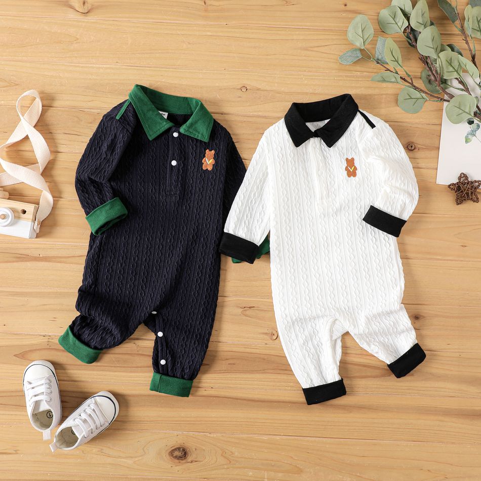 Baby Boy Bear Decor Contrast Collar Cable Knit Long-sleeve Jumpsuit White big image 3