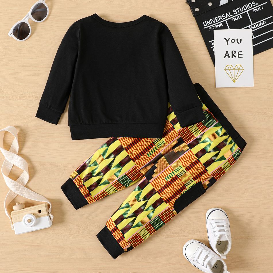 2pcs Baby Boy Long-sleeve Letter Print Sweatshirt and Geometric Pattern Sweatpants Set ColorBlock big image 2