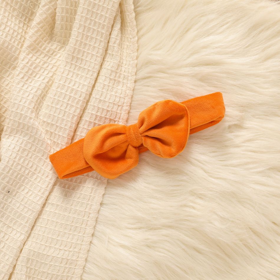 3pcs Baby Girl Allover Fox Print Ruffle Trim Long-sleeve Romper and Overall Dress with Headband Set Orange big image 6