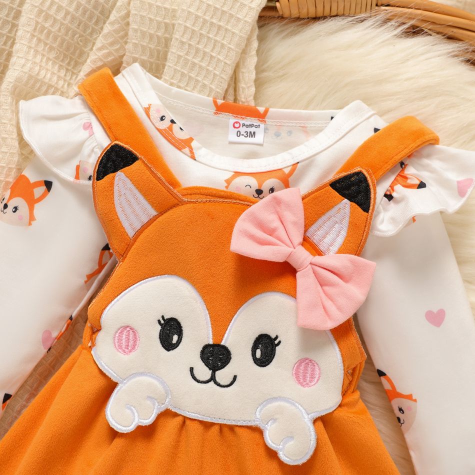 3pcs Baby Girl Allover Fox Print Ruffle Trim Long-sleeve Romper and Overall Dress with Headband Set Orange big image 4