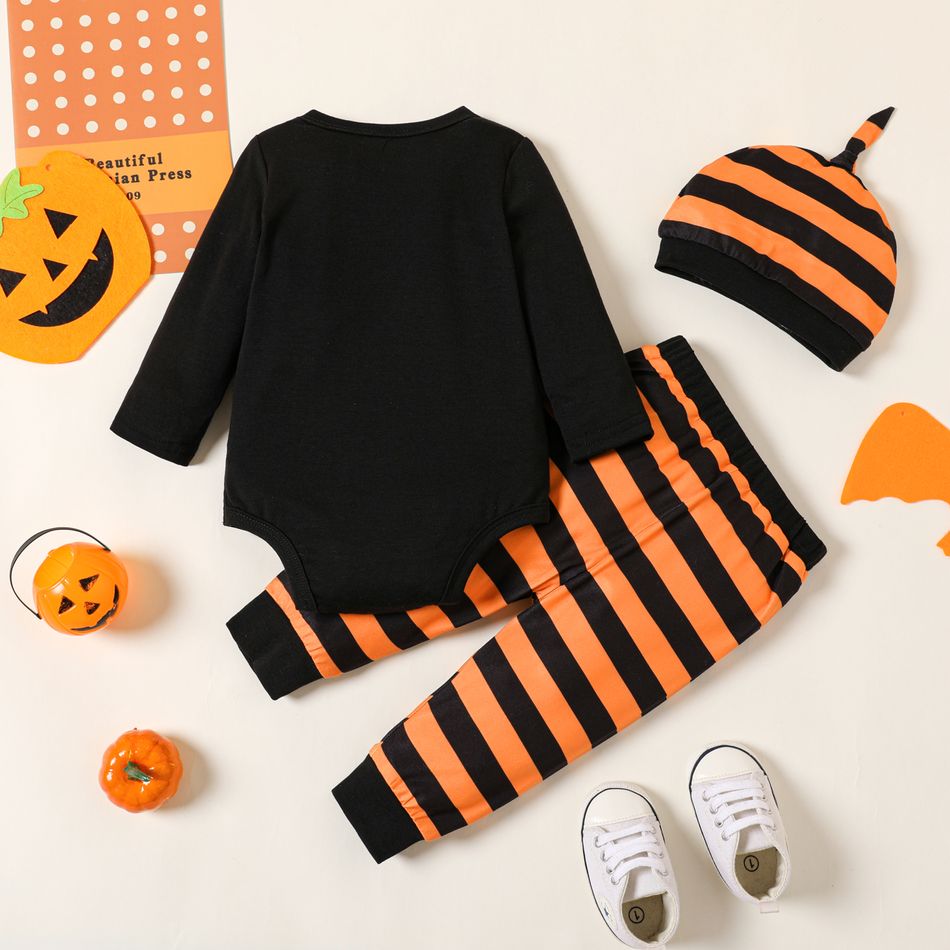 Halloween 3pcs Baby Boy Ghost & Letter Print Long-sleeve Romper and Striped Pants with Hat Set Black big image 2