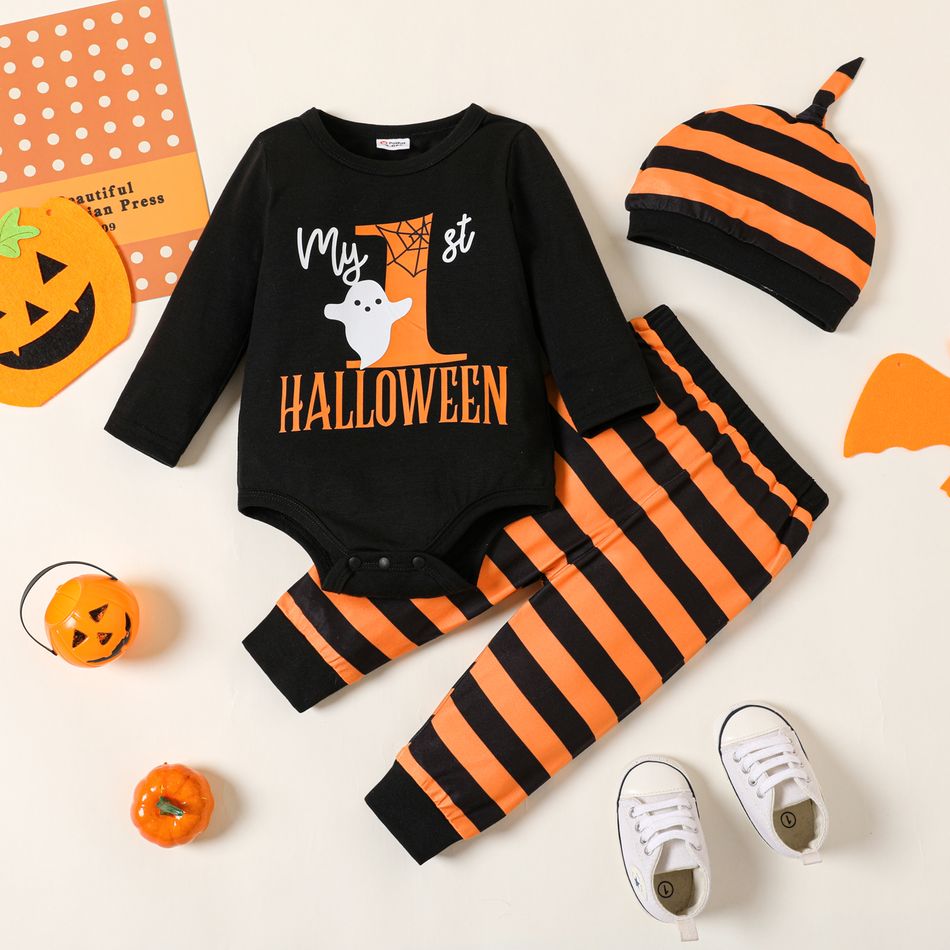 Halloween 3pcs Baby Boy Ghost & Letter Print Long-sleeve Romper and Striped Pants with Hat Set Black