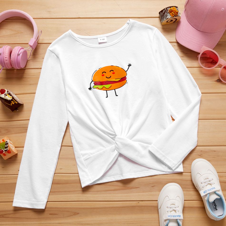 Kid Girl Food Hamburger/Cola Print Twist Knot Long-sleeve T-shirt White