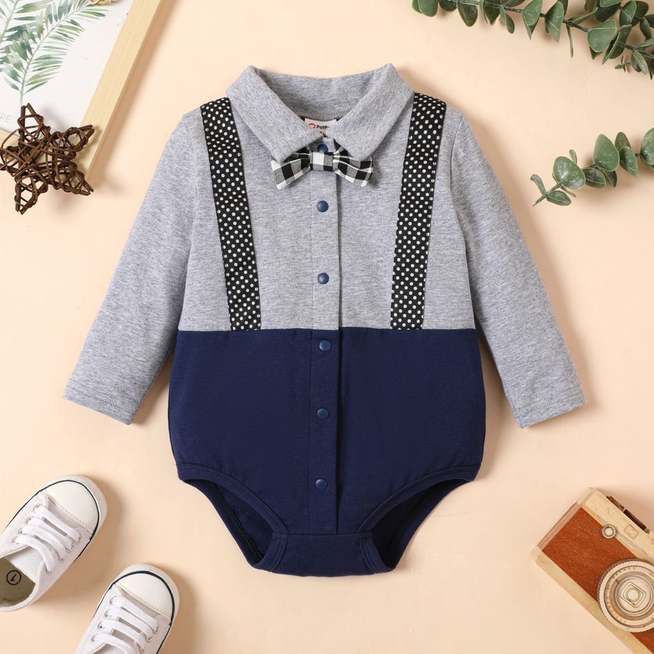 Baby Boy 95% Cotton Long-sleeve Bow Tie Decor Button Front Colorblock Spliced Romper Deep Blue
