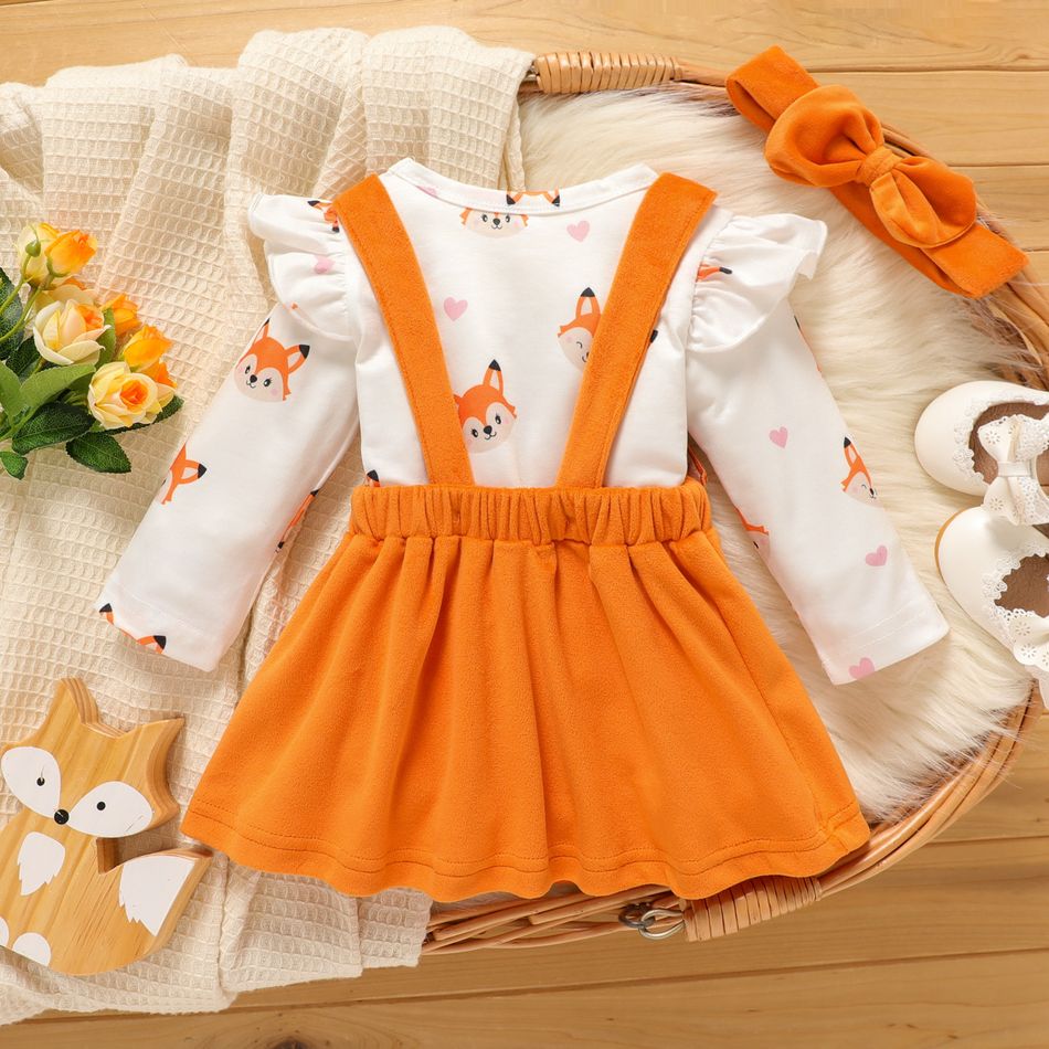 3pcs Baby Girl Allover Fox Print Ruffle Trim Long-sleeve Romper and Overall Dress with Headband Set Orange big image 2