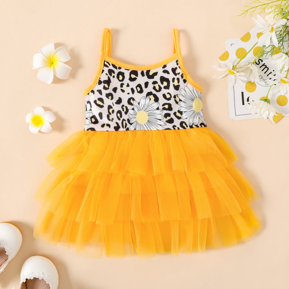 Baby Girl Leopard Print Spliced Layered Mesh Cami Dress Yellow
