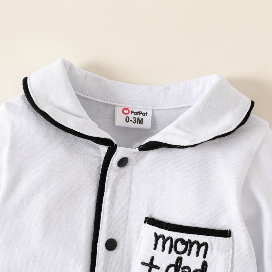 Baby Letter Embroidery Lapel Collar Long-sleeve Pink or White Pajamas Jumpsuit White big image 4