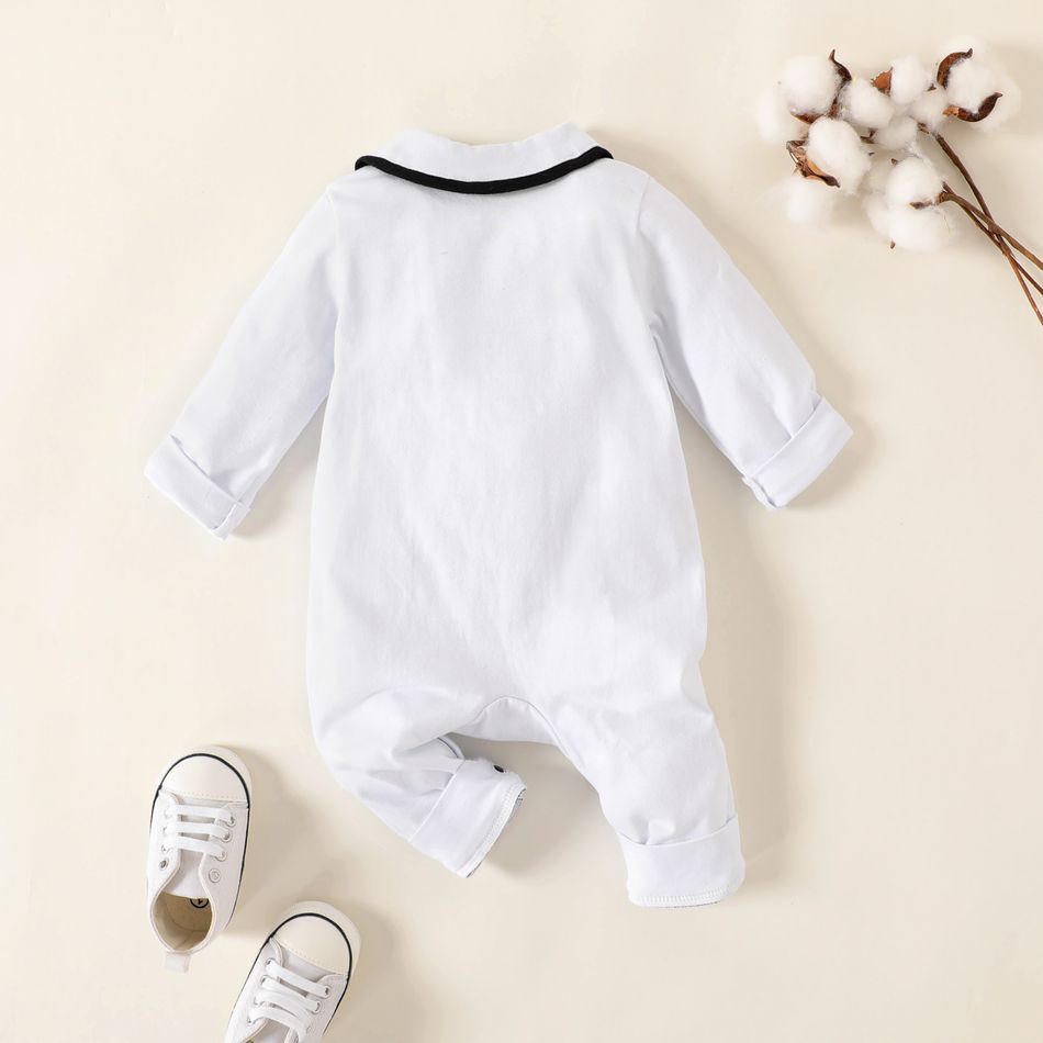 Baby Letter Embroidery Lapel Collar Long-sleeve Pink or White Pajamas Jumpsuit White big image 3