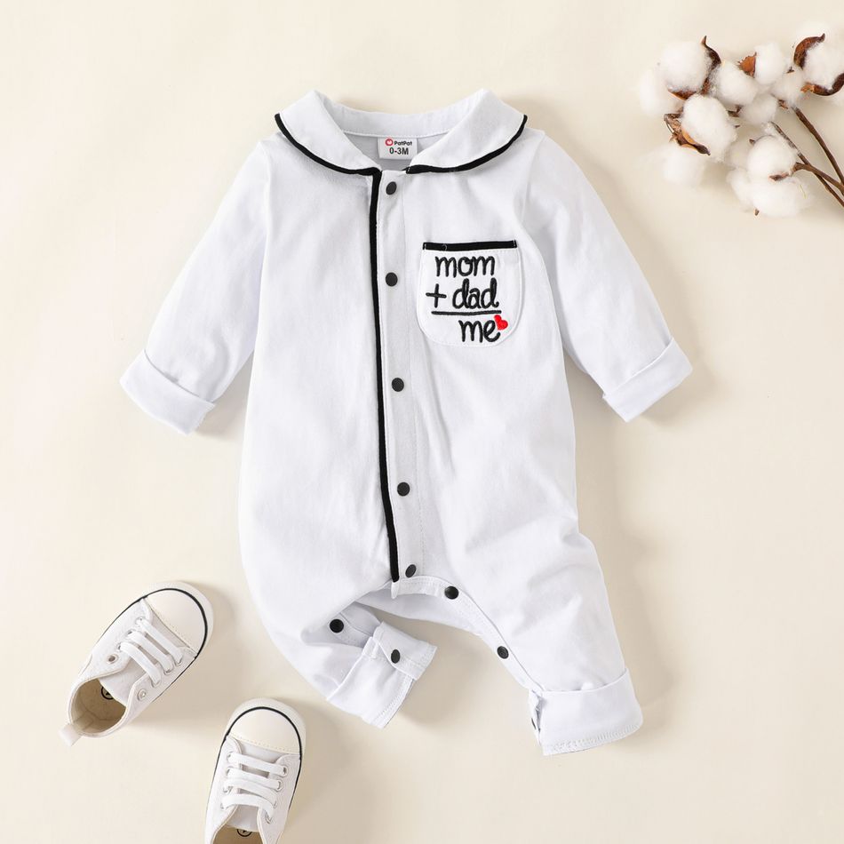 Baby Letter Embroidery Lapel Collar Long-sleeve Pink or White Pajamas Jumpsuit White