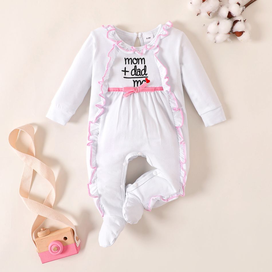 Baby Girl Letter Embroidery Ruffle Splice Footed/footie Long-sleeve Pink or White Jumpsuit White