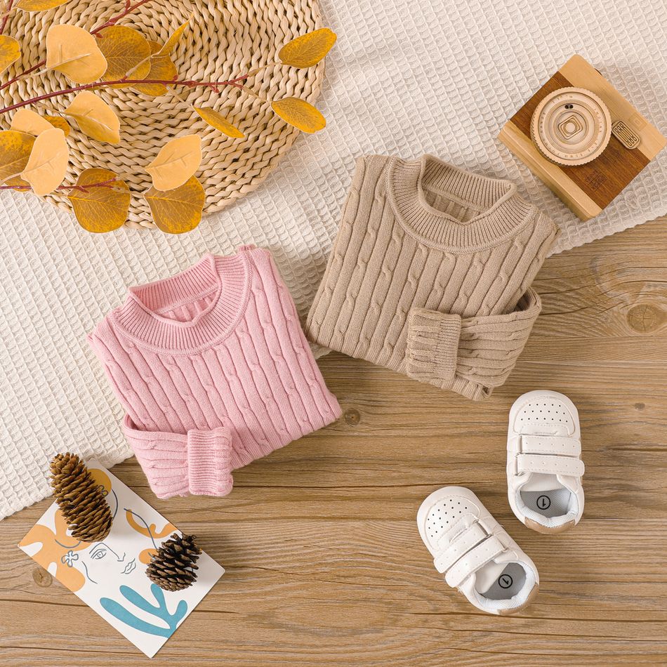 Baby Boy/Girl Solid Cable Knit Long-sleeve Pullover Sweater Brown big image 2