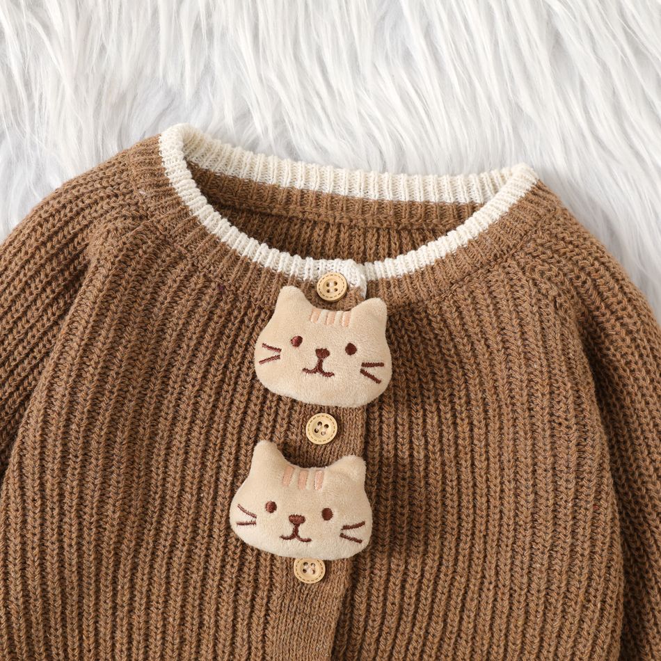 Baby Boy/Girl 3D Cat Decor Long-sleeve Button Up Knitted Cardigan Sweater Brown big image 3