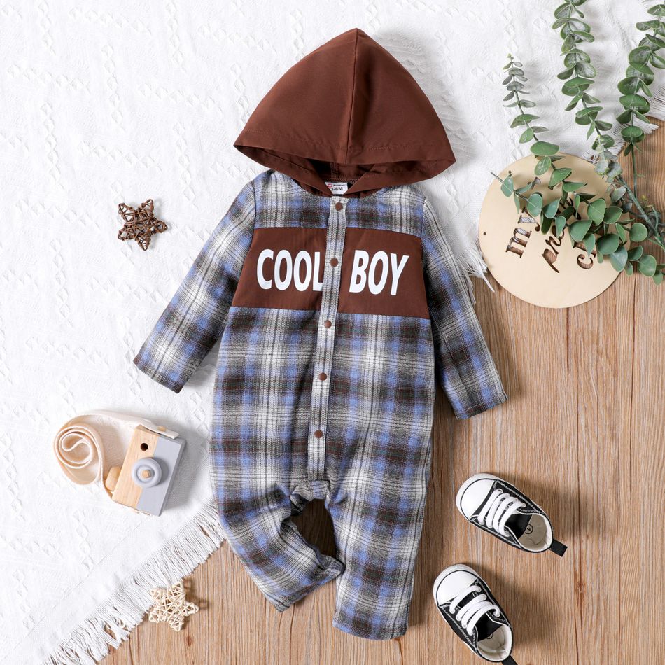 Baby Boy Long-sleeve Letter Print Plaid Spliced Contrast Hooded Jumpsuit BrownishBlack
