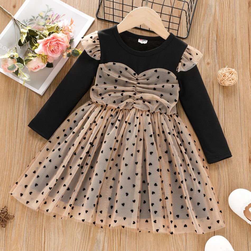 Toddler Girl Heart Embroidered Mesh Splice Long-sleeve Dress Black big image 1