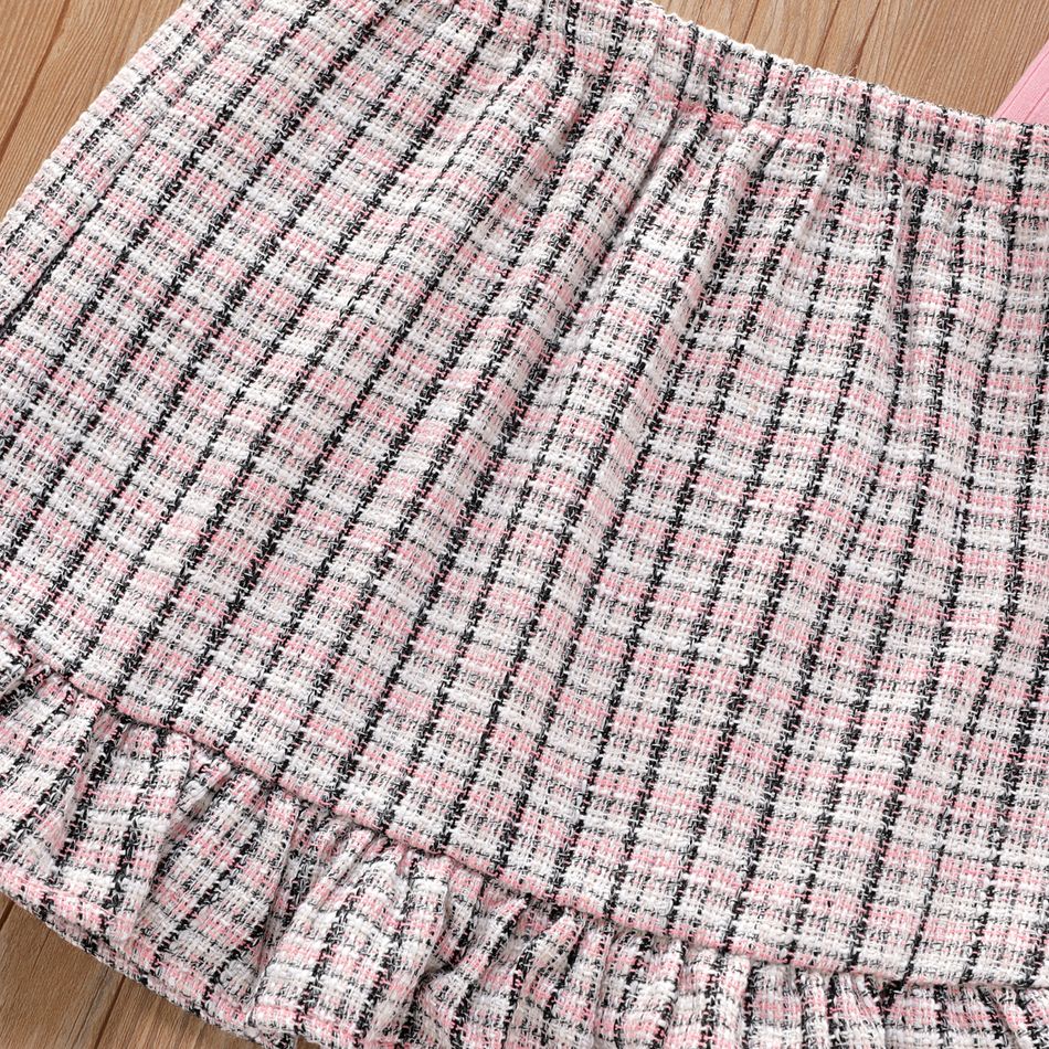 2pcs Kid Girl Square Neck Long Puff-sleeve Pink Tee and Plaid Tweed Skirt Set Pink big image 4