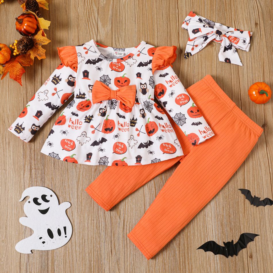 Halloween 3pcs Baby Girl Allover Pumpkin Print Ruffle Trim Bow Front Long-sleeve Top and Solid Rib Knit Leggings with Headband Set Orange
