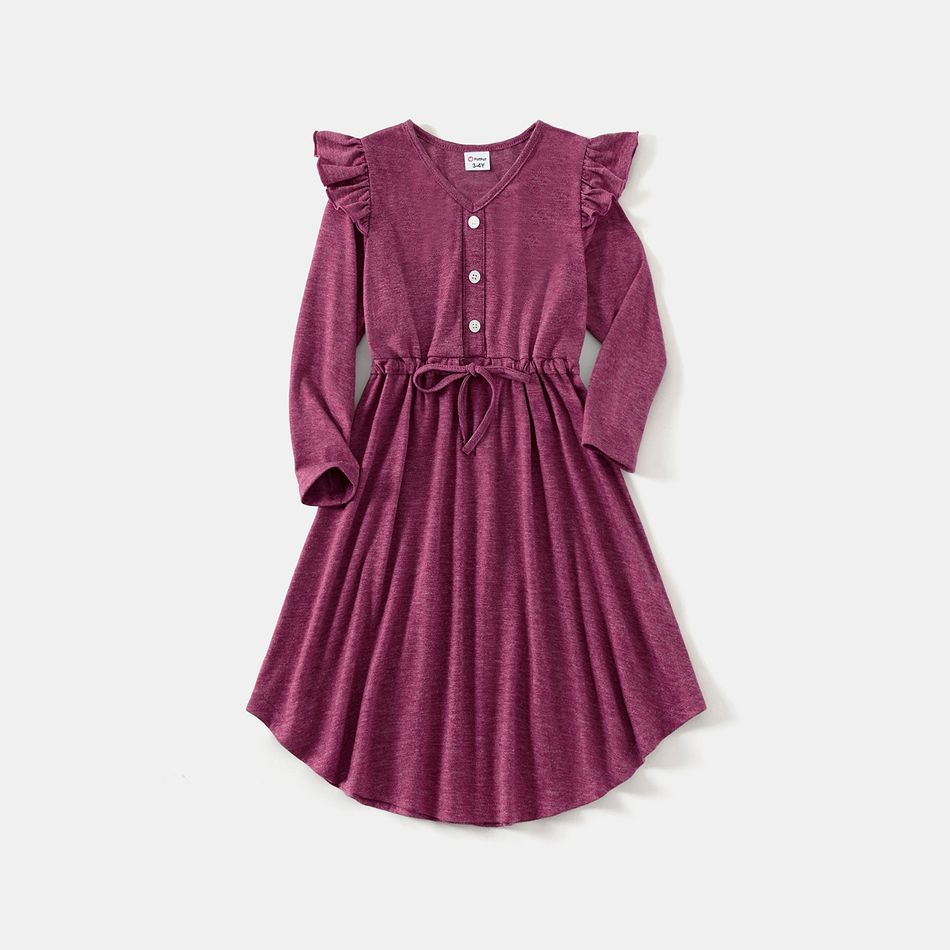 Family Matching Long-sleeve Button Front Solid Drawstring Dresses and Striped T-shirts Sets Redpurple big image 5