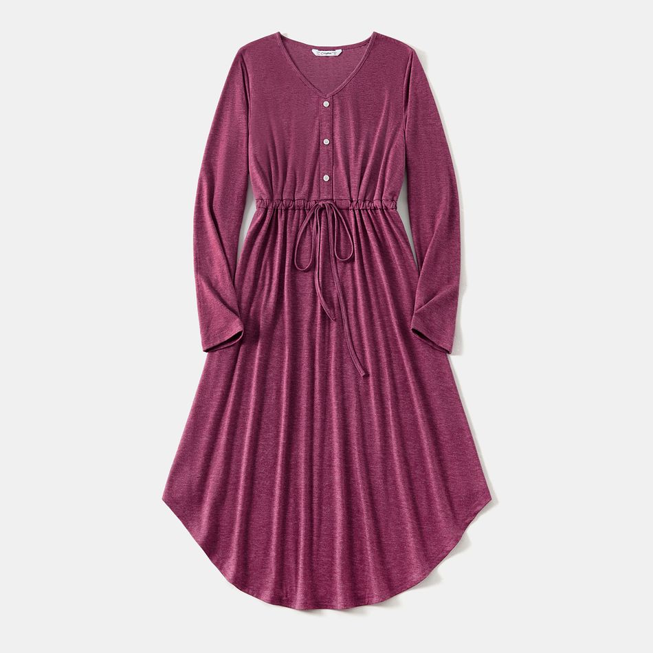 Family Matching Long-sleeve Button Front Solid Drawstring Dresses and Striped T-shirts Sets Redpurple big image 2