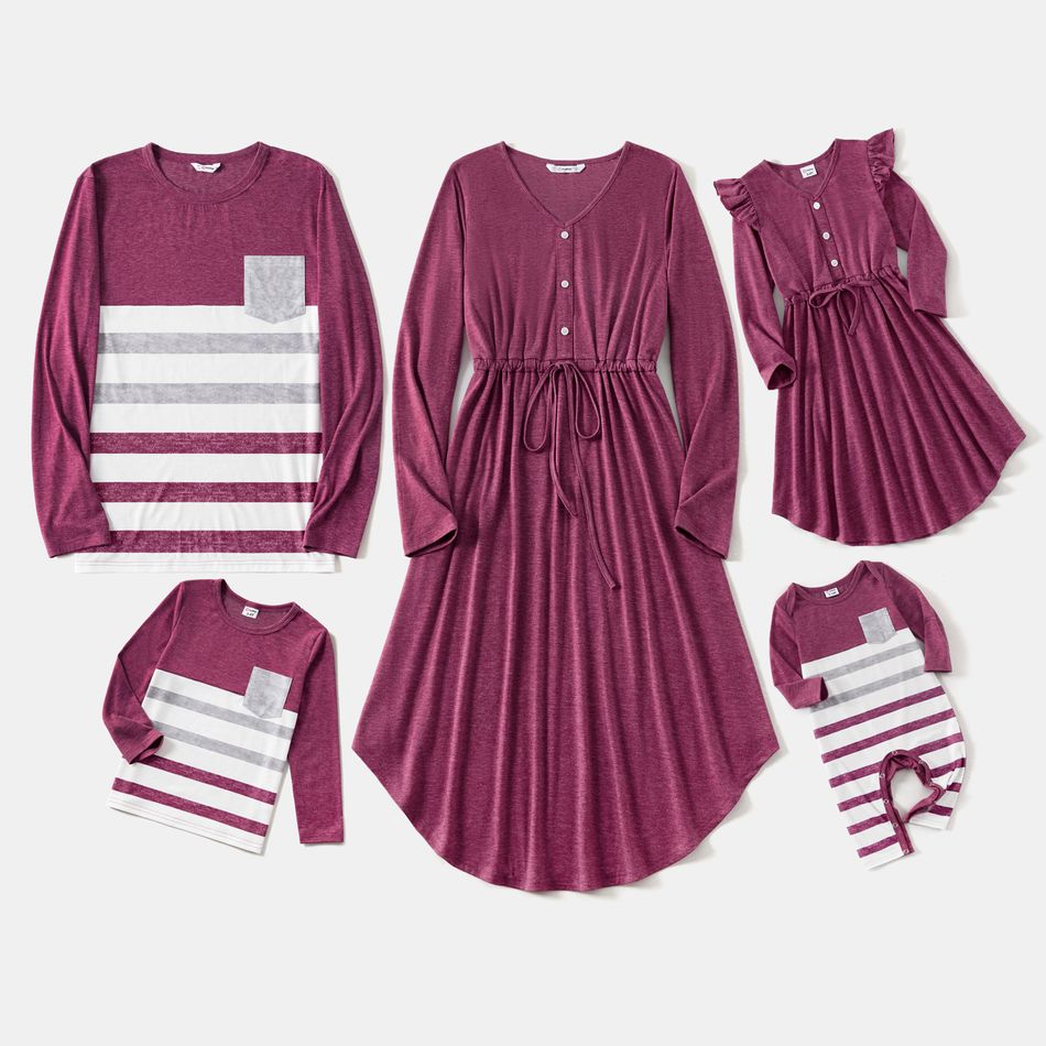 Family Matching Long-sleeve Button Front Solid Drawstring Dresses and Striped T-shirts Sets Redpurple big image 1