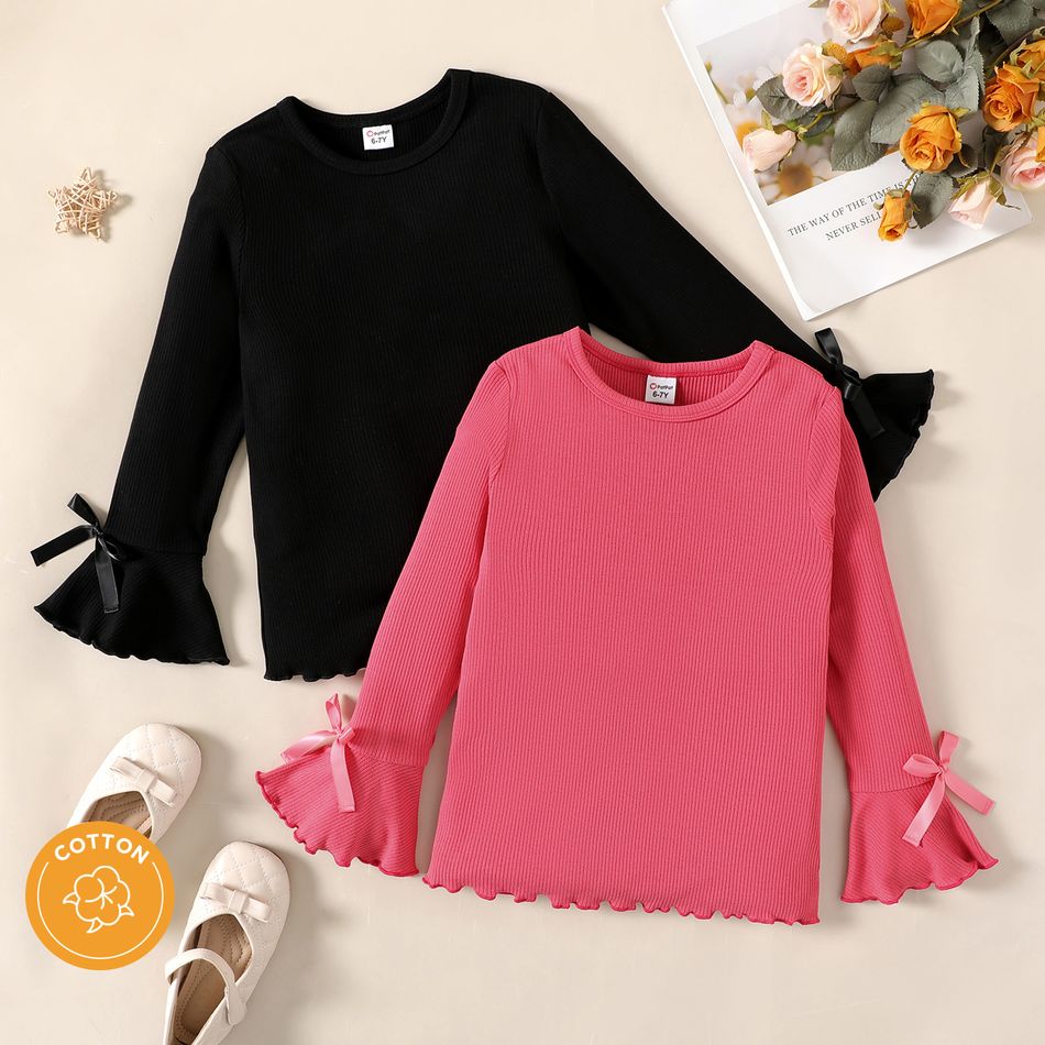 Kid Girl 100% Cotton Solid Color Bowknot Design Lettuce Trim Long Bell sleeves Tee Hot Pink big image 2