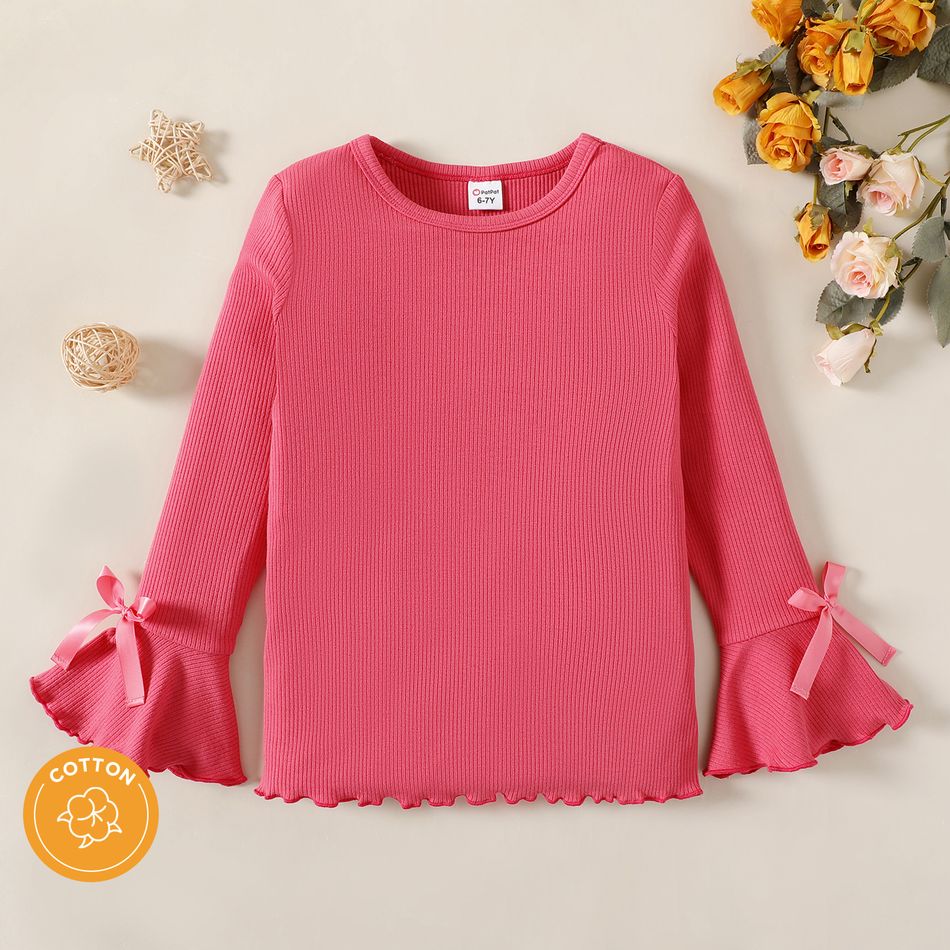 Kid Girl 100% Cotton Solid Color Bowknot Design Lettuce Trim Long Bell sleeves Tee Hot Pink