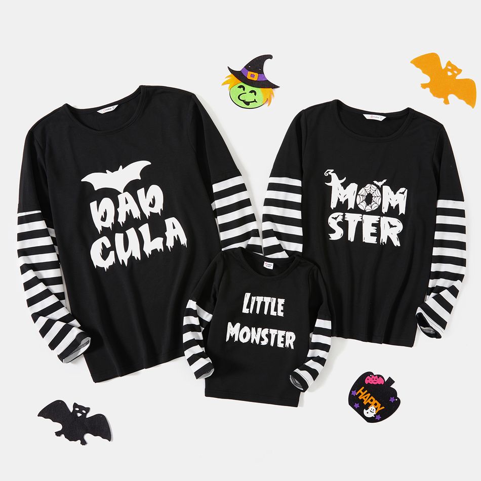 Halloween Family Matching Black Striped Long-sleeve Glow In The Dark Letter Print T-shirts Black big image 2