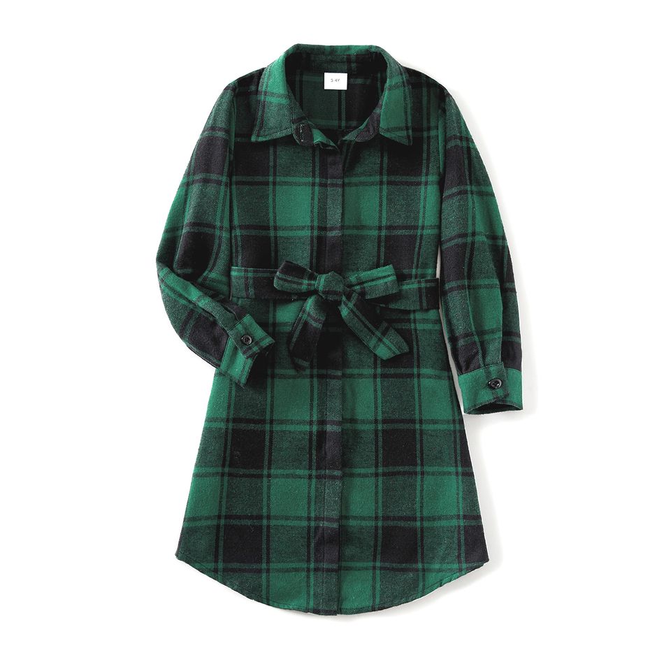 Family Matching Long-sleeve Dark Green Plaid Shirts and Belted Dresses Sets Dark Green big image 5