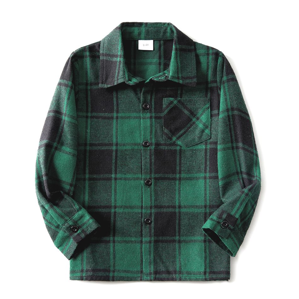 Family Matching Long-sleeve Dark Green Plaid Shirts and Belted Dresses Sets Dark Green big image 4