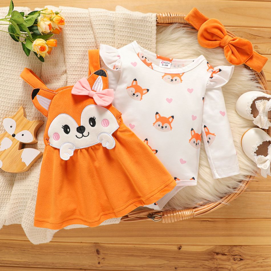 3pcs Baby Girl Allover Fox Print Ruffle Trim Long-sleeve Romper and Overall Dress with Headband Set Orange big image 3