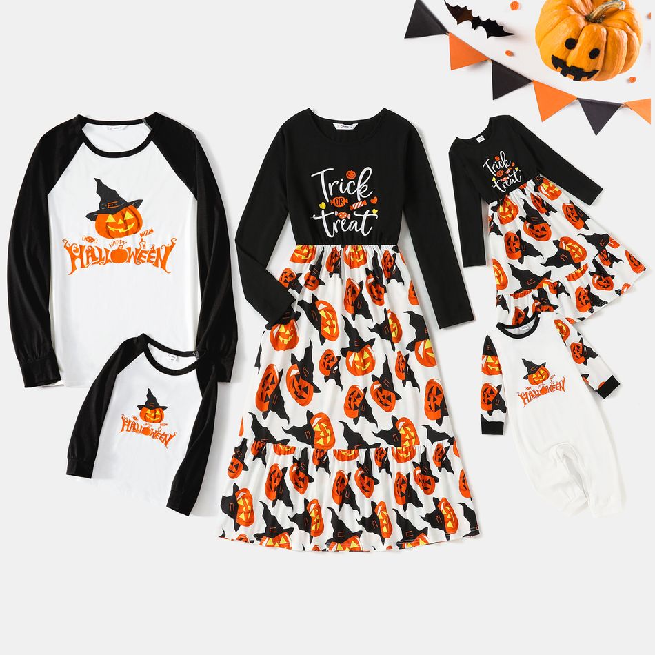 Halloween Family Matching Long-sleeve Letter & Pumpkin Lantern Print Spliced Dresses and Raglan-sleeve T-shirts Sets ColorBlock