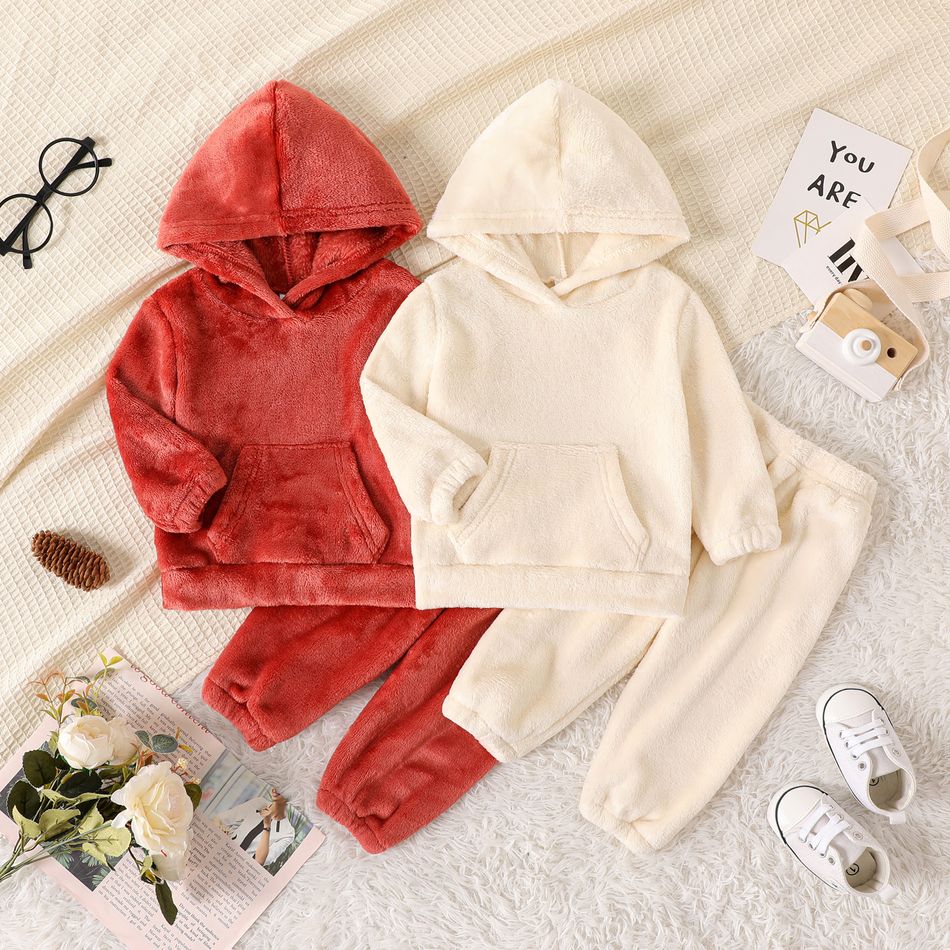2pcs Baby Girl Long-sleeve Solid Fuzzy Hoodie and Sweatpants Set coralred big image 2
