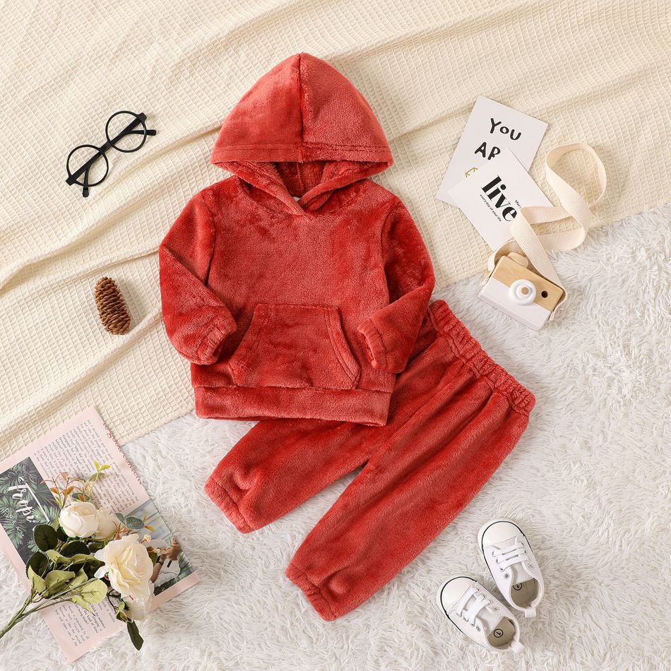 2pcs Baby Girl Long-sleeve Solid Fuzzy Hoodie and Sweatpants Set coralred big image 1