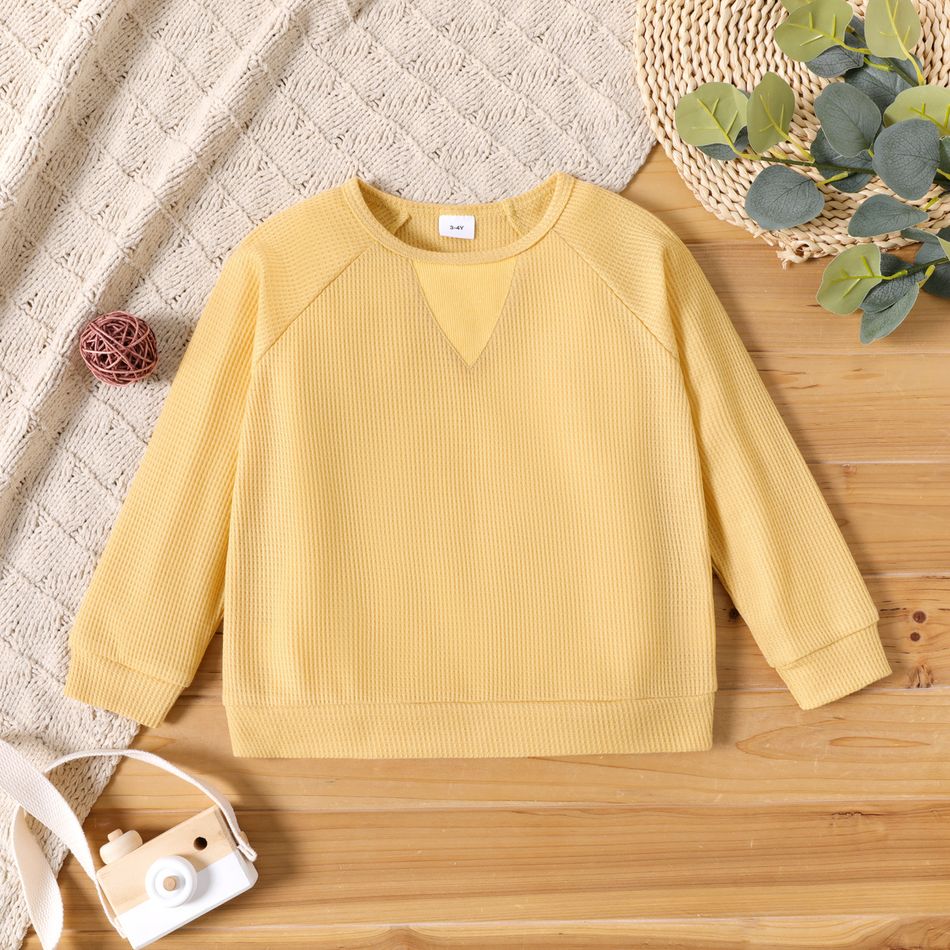 Toddler Girl Basic Solid Color Waffle Raglan Sleeve Pullover Sweatshirt Yellow big image 1