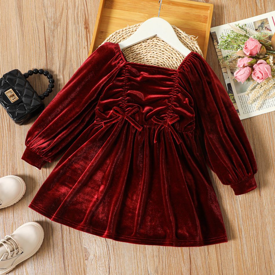 Toddler Girl Bowknot Design Square Neck Ruched Long-sleeve Velvet Red Dress MAROON