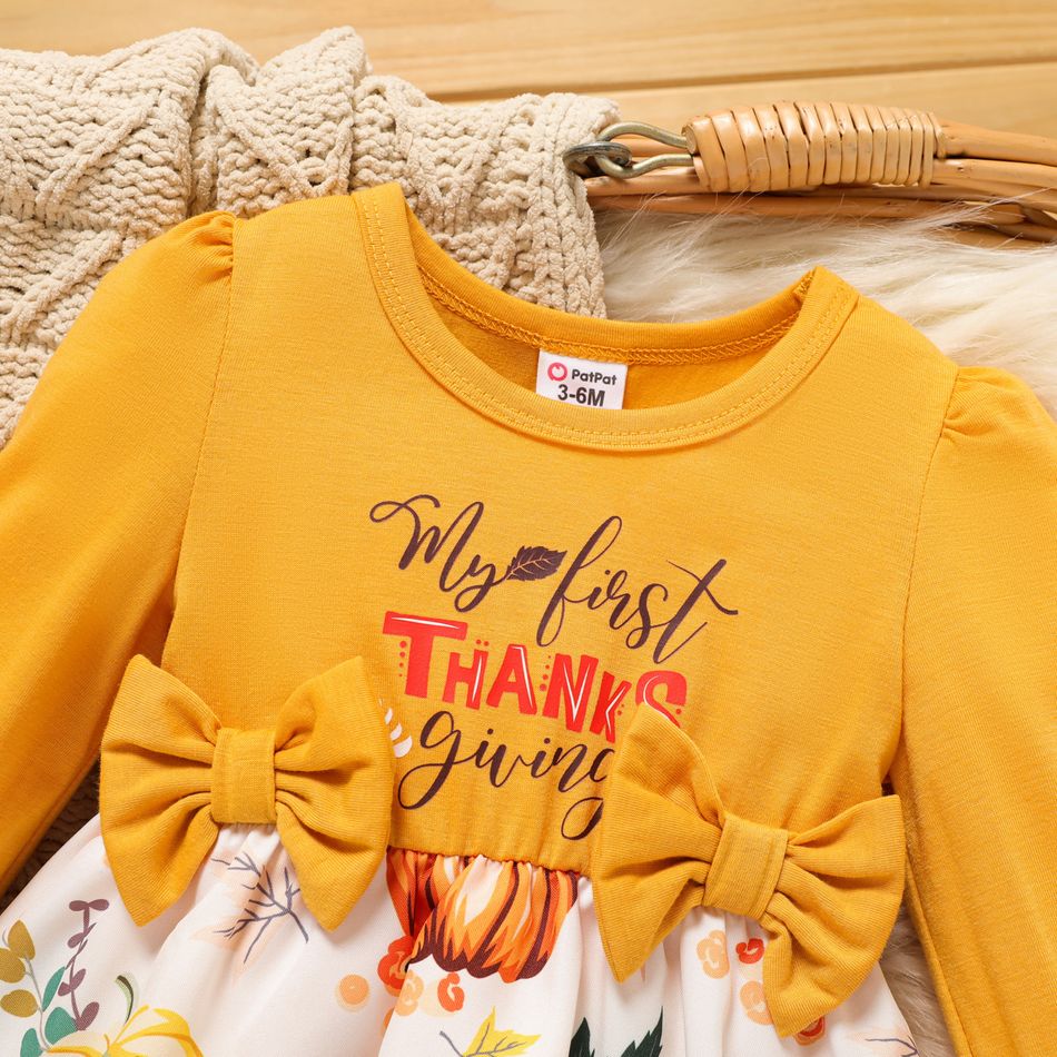 Thanksgiving Day Baby Girl Letter & Pumpkin Print Spliced Bow Front Long-sleeve Romper Yellow big image 3