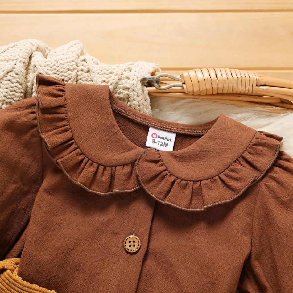 2pcs Baby Girl 100% Cotton Long-sleeve Ruffle Collar Button Front Top and Belted Skirt Set Brown big image 3