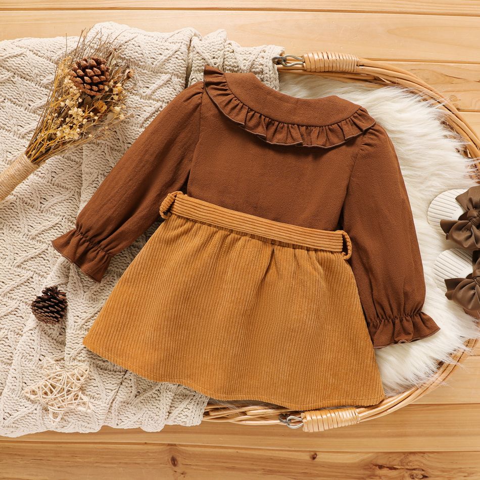 2pcs Baby Girl 100% Cotton Long-sleeve Ruffle Collar Button Front Top and Belted Skirt Set Brown big image 2