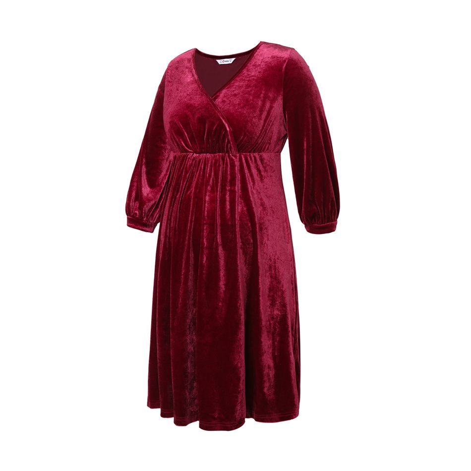 فستان أحمر قصير الأكمام من المخمل للإرضاع نبيذ أحمر big image 4
