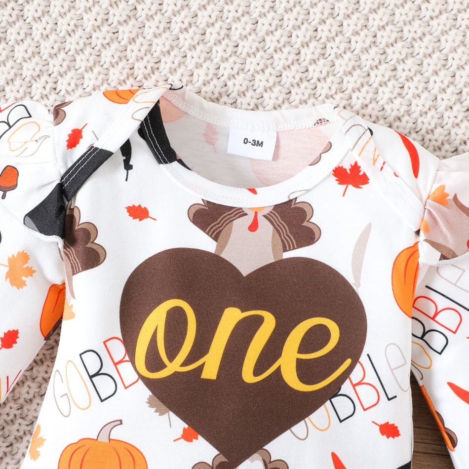 Thanksgiving 3pcs Baby Girl Allover Print Ruffle Trim Long-sleeve Romper and Mesh Skirt with Headband Set Brown big image 5