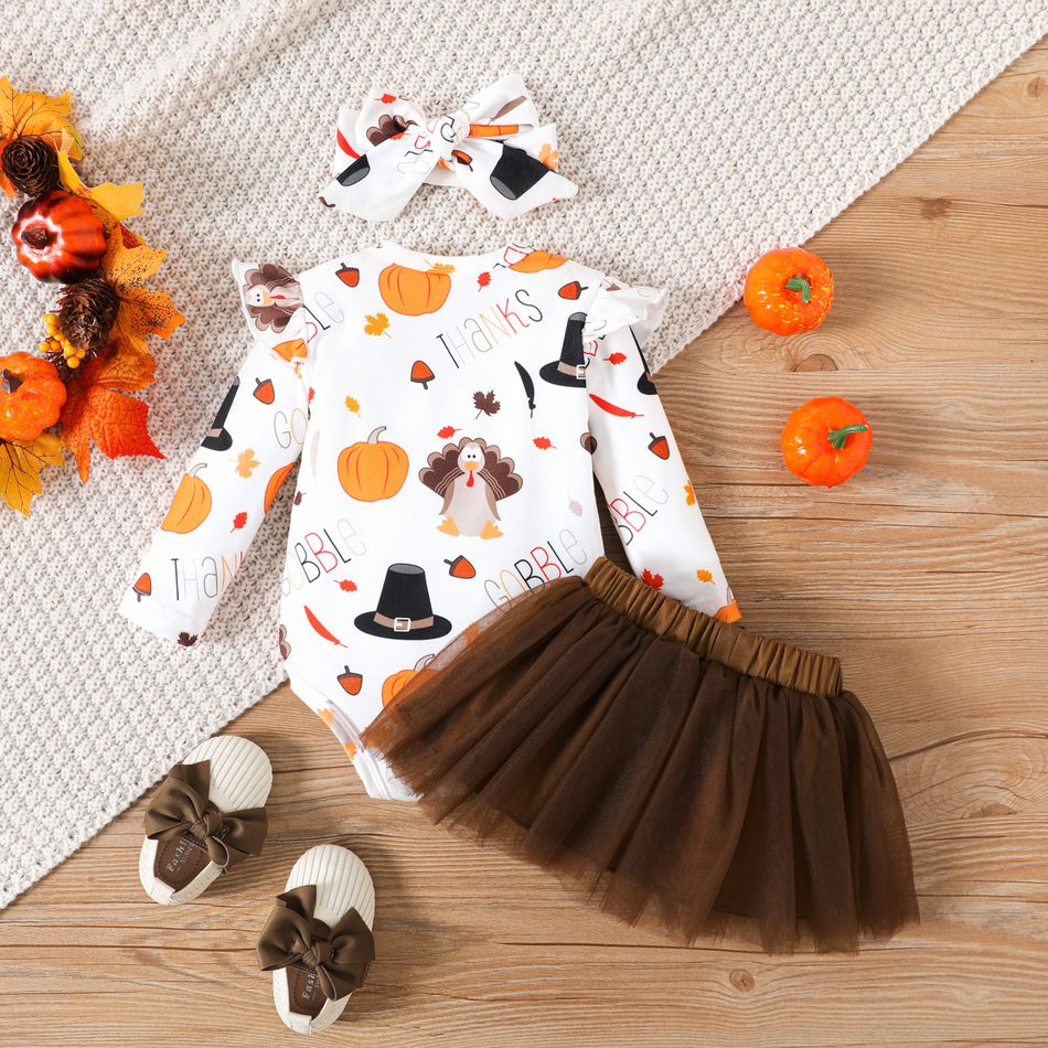 Thanksgiving 3pcs Baby Girl Allover Print Ruffle Trim Long-sleeve Romper and Mesh Skirt with Headband Set Brown big image 2