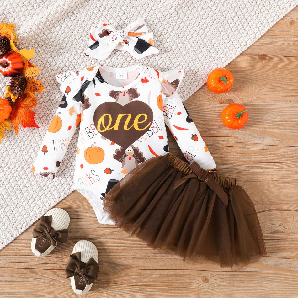 Thanksgiving 3pcs Baby Girl Allover Print Ruffle Trim Long-sleeve Romper and Mesh Skirt with Headband Set Brown big image 3