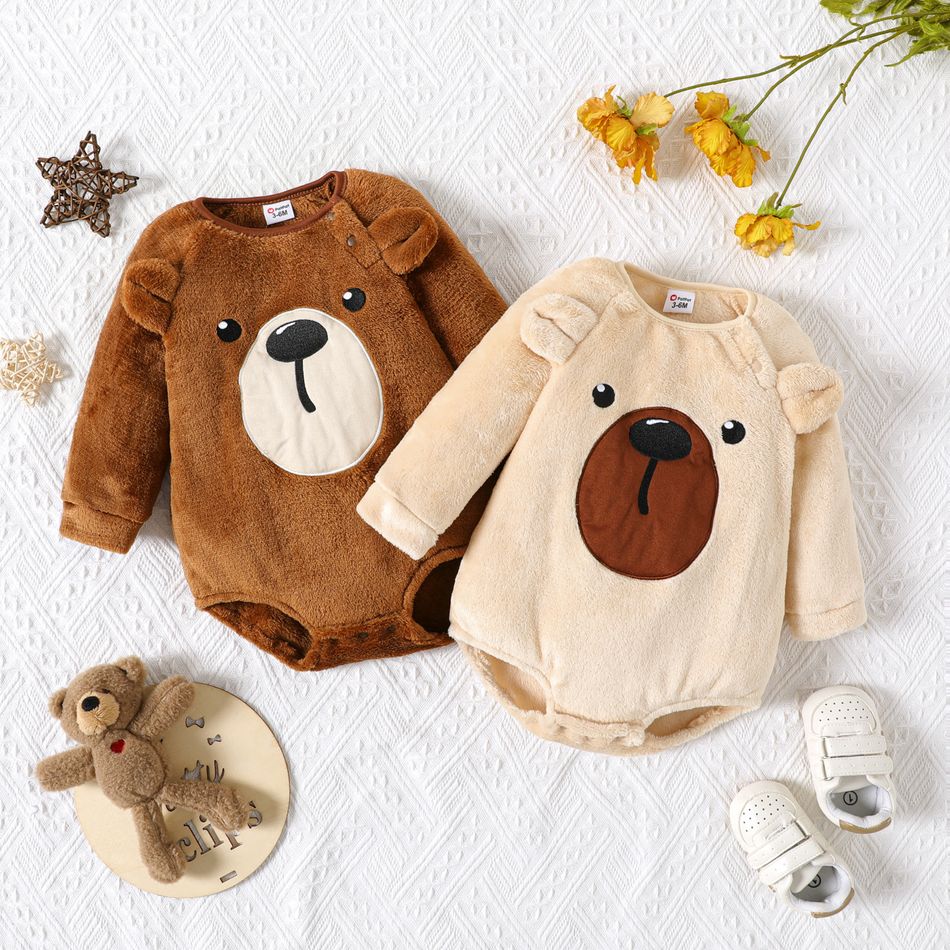 Baby Boy Bear Embroidered 3D Ears Decor Long-sleeve Fuzzy Romper Apricot big image 2