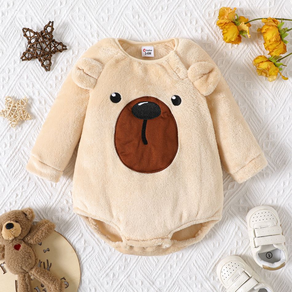 Baby Boy Bear Embroidered 3D Ears Decor Long-sleeve Fuzzy Romper Apricot