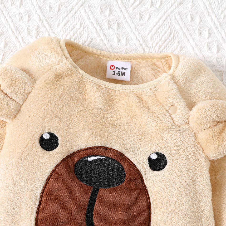 Baby Boy Bear Embroidered 3D Ears Decor Long-sleeve Fuzzy Romper Apricot big image 4