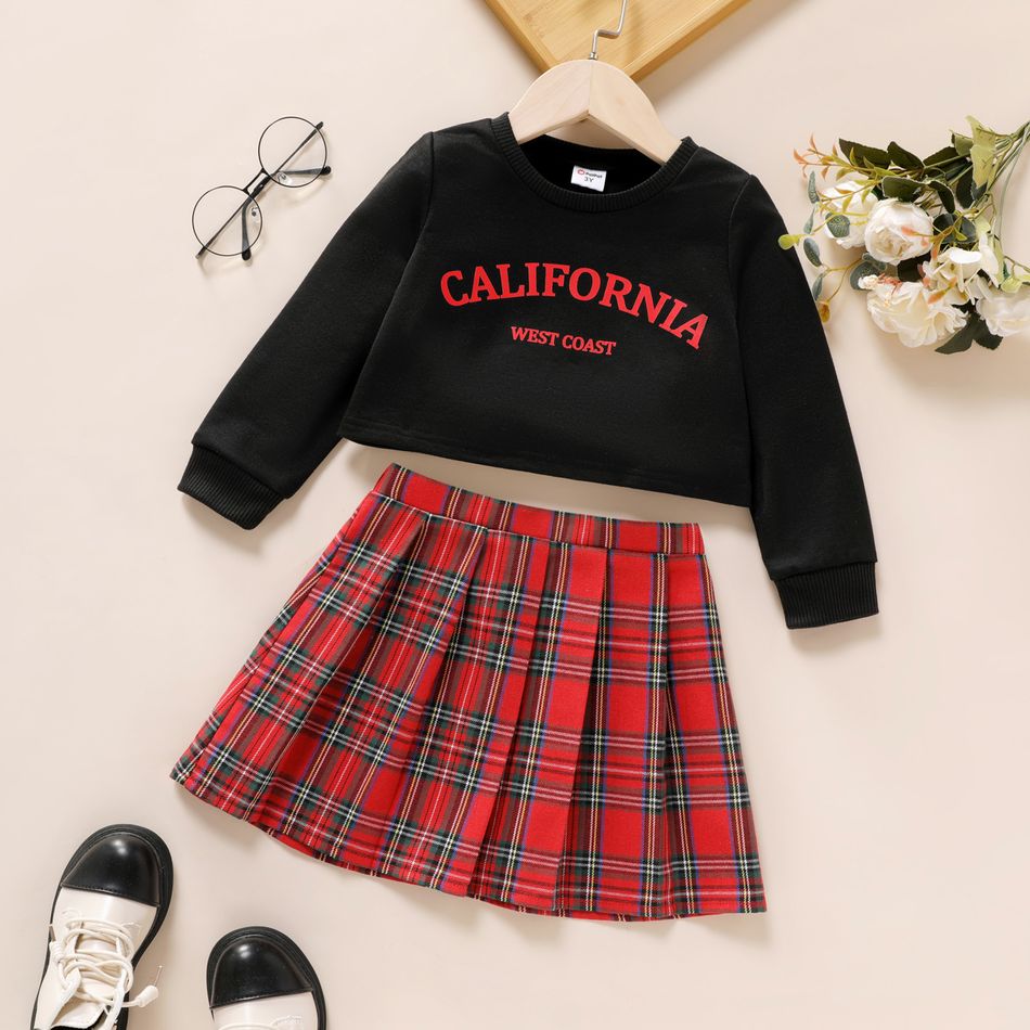 2pcs Toddler Girl Preppy style Letter Print Crop Sweatshirt and Plaid Pleated Skirt Set Black