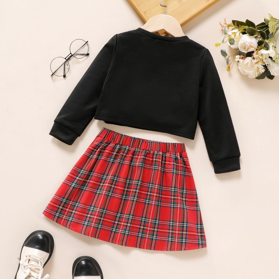 2pcs Toddler Girl Preppy style Letter Print Crop Sweatshirt and Plaid Pleated Skirt Set Black big image 2