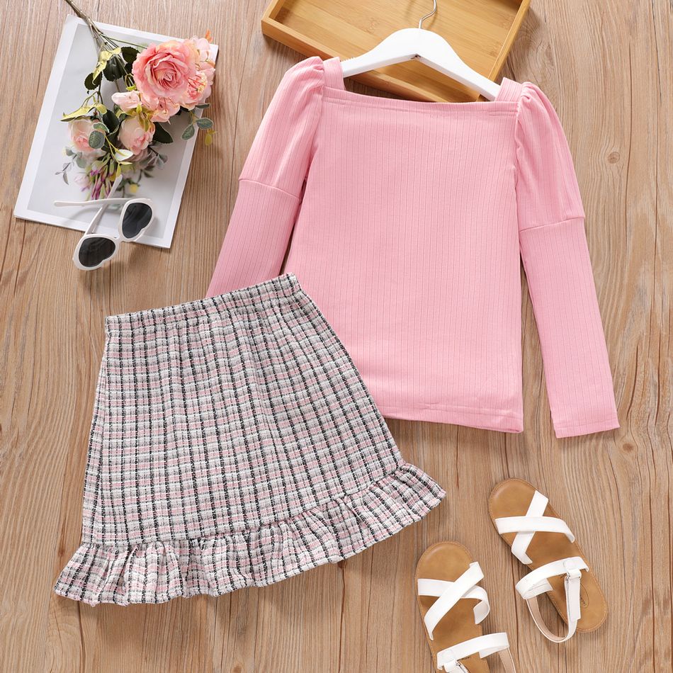 2pcs Kid Girl Square Neck Long Puff-sleeve Pink Tee and Plaid Tweed Skirt Set Pink big image 5