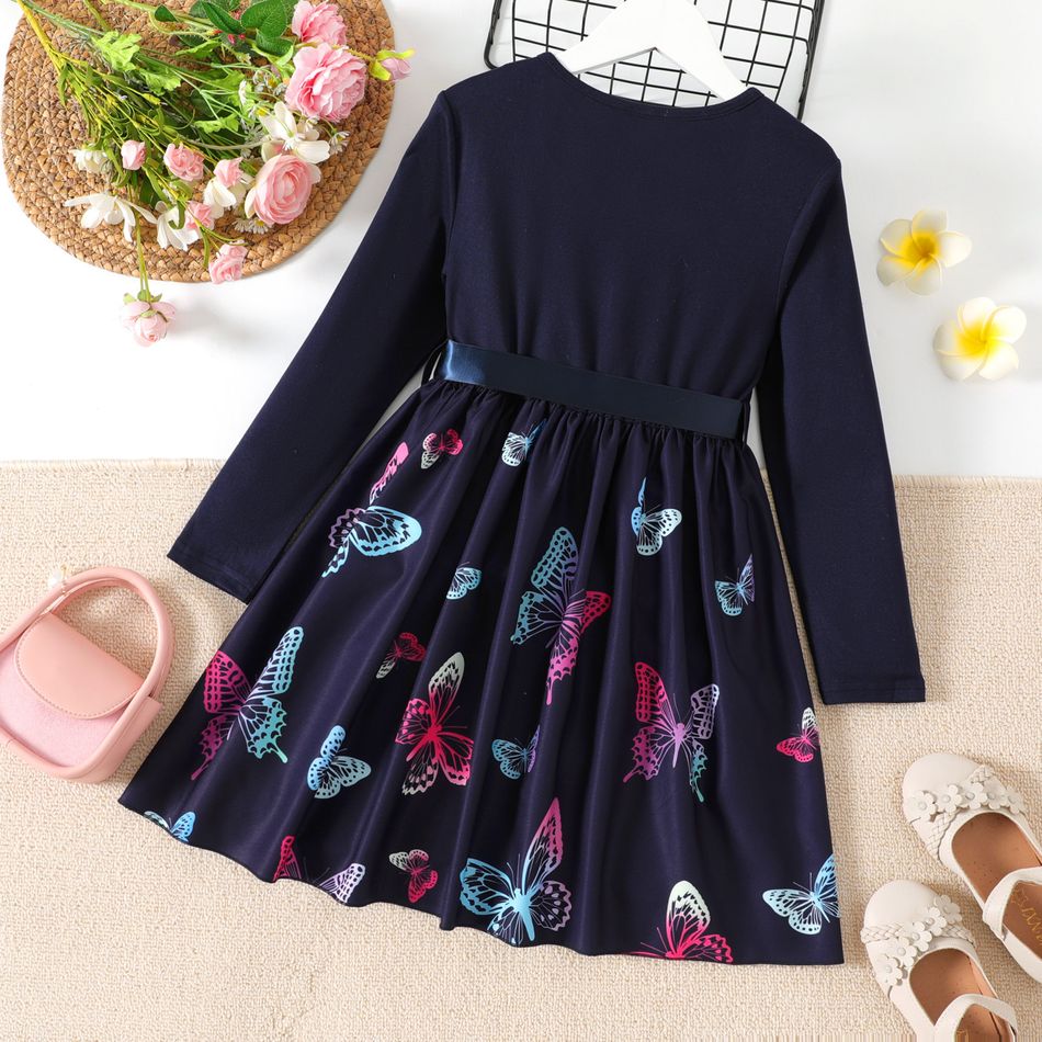 Kid Girl Butterfly/Painting Print Colorblock Belted Long-sleeve Dress Blue big image 2