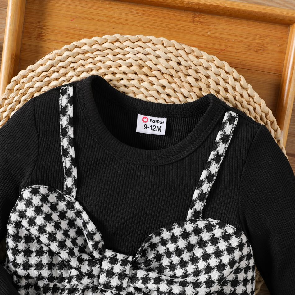 Baby Girl Long-sleeve Rib Knit Spliced Houndstooth Bow Front Dress BlackandWhite big image 3