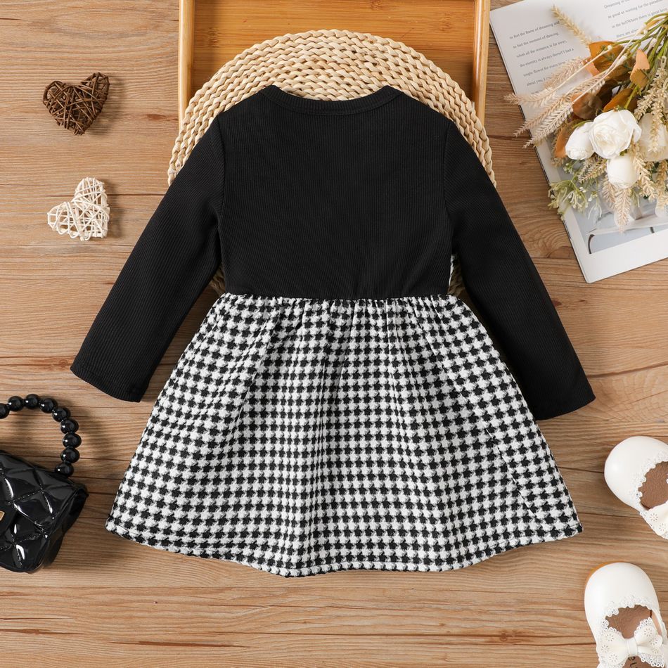 Baby Girl Long-sleeve Rib Knit Spliced Houndstooth Bow Front Dress BlackandWhite big image 2